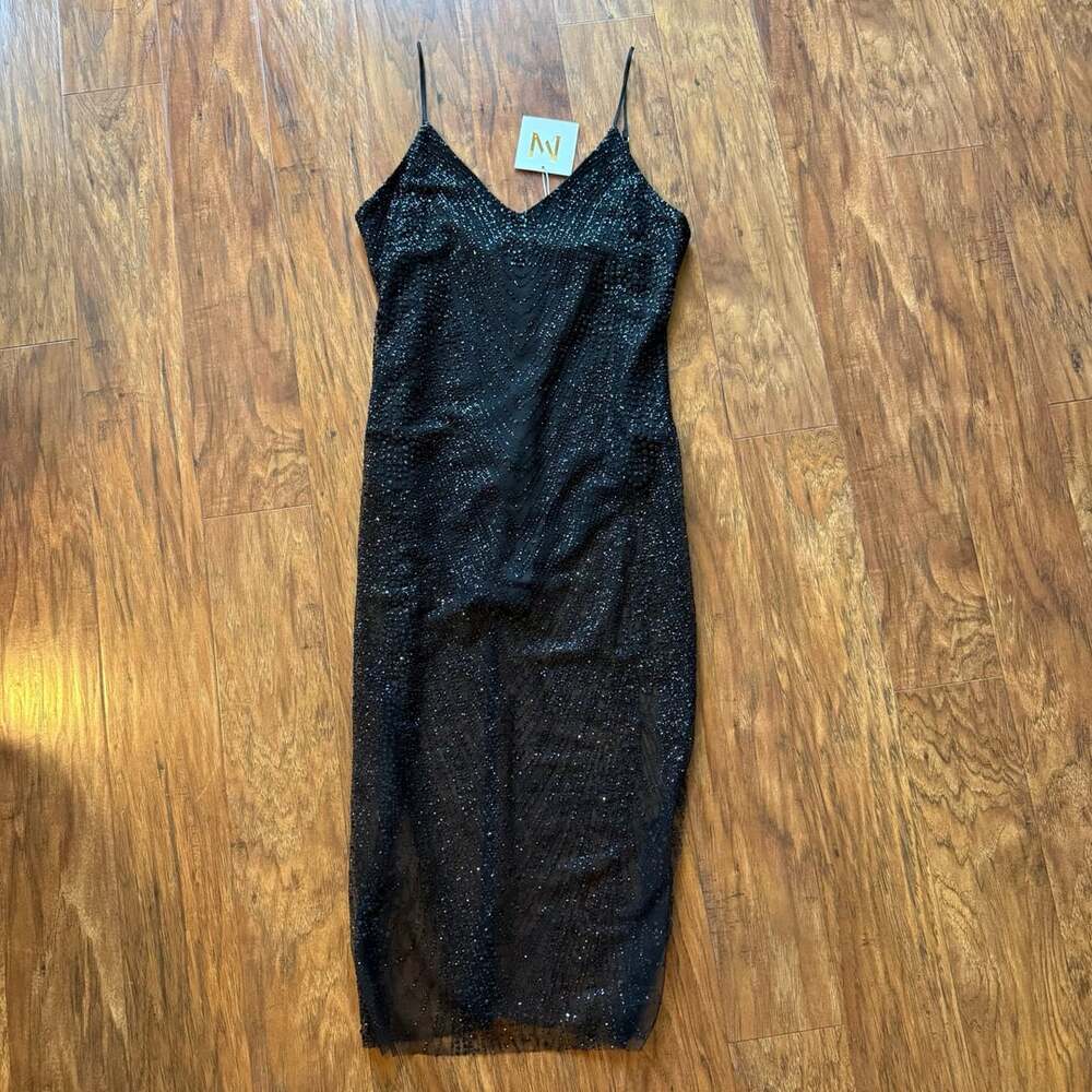 MESHKI Aviana Jewelled Midi Dress Black Embellished Bodysuit Dress L